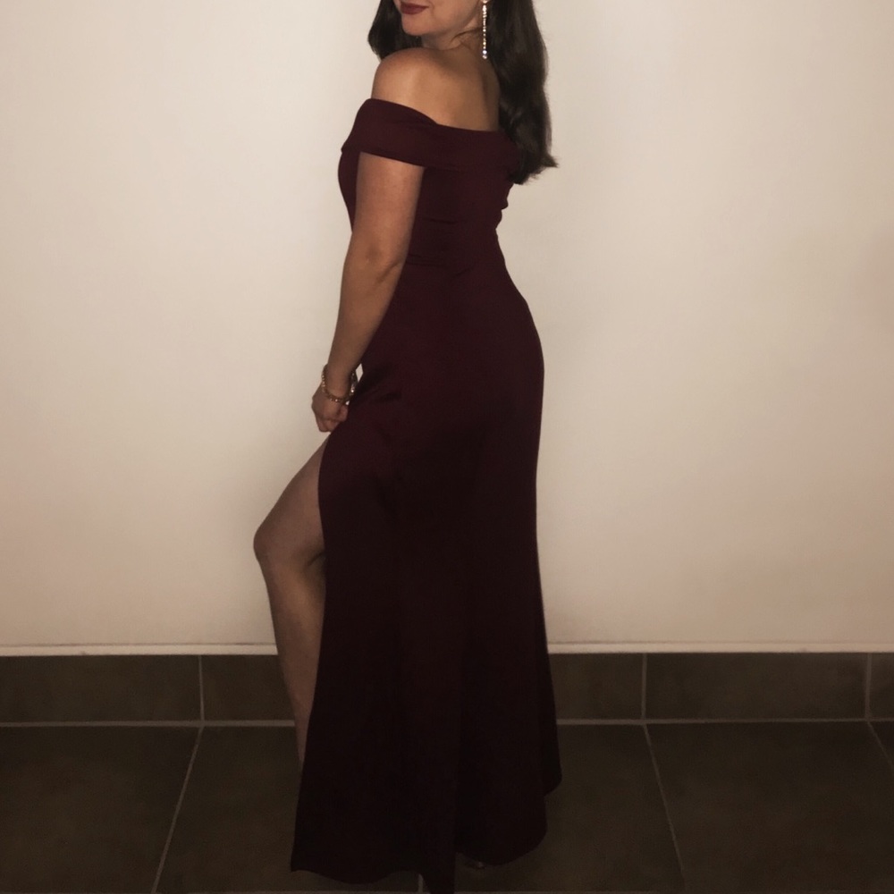 Maroon off the shoulder floor length gown